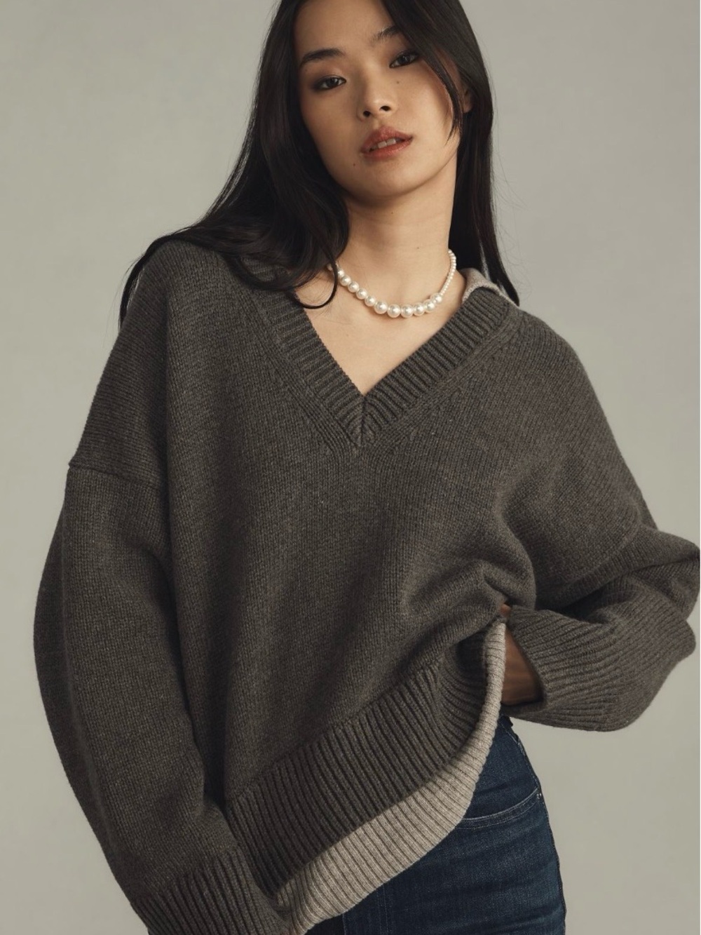 Maeve Layered polo sweater Gray V-Neck Collar